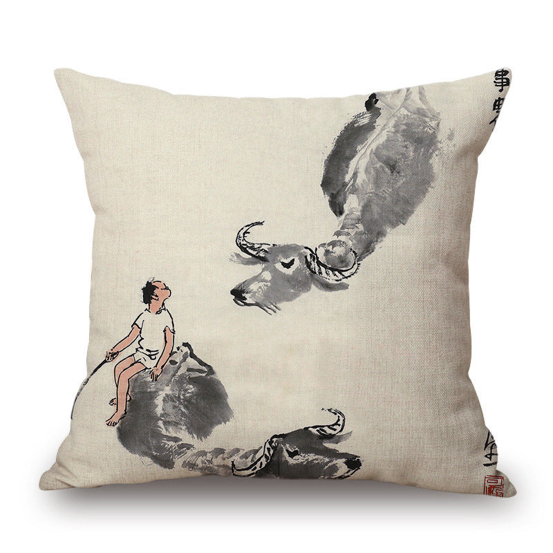Retro Ink Painting Cushion Cover Home Decor Landscape Pattern Cotton Fabric