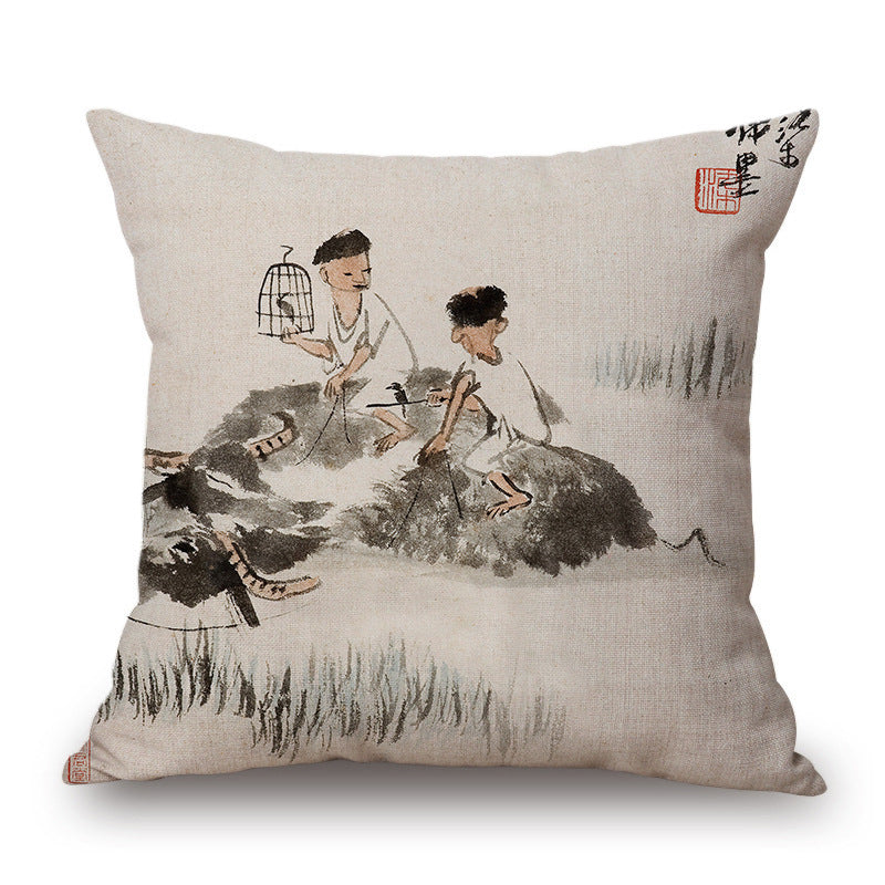 Retro Ink Painting Cushion Cover Home Decor Landscape Pattern Cotton Fabric