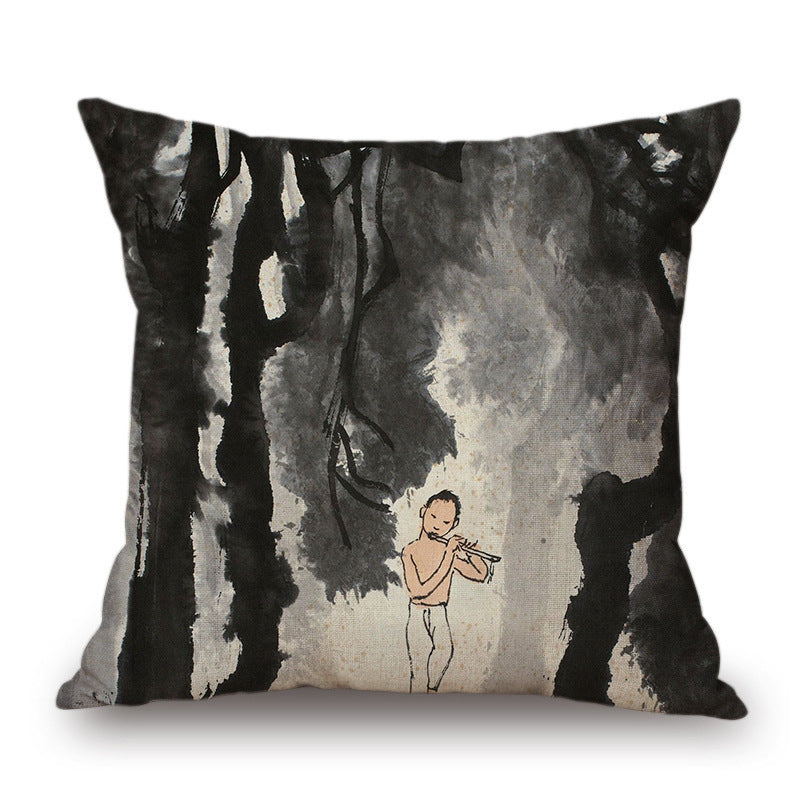Retro Ink Painting Cushion Cover Home Decor Landscape Pattern Cotton Fabric