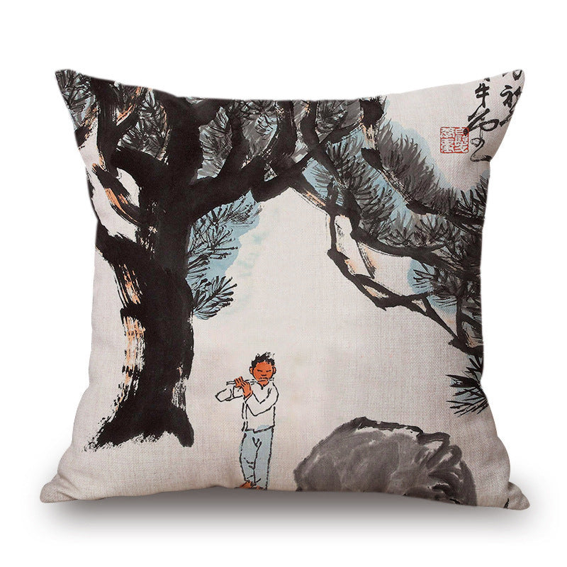 Retro Ink Painting Cushion Cover Home Decor Landscape Pattern Cotton Fabric