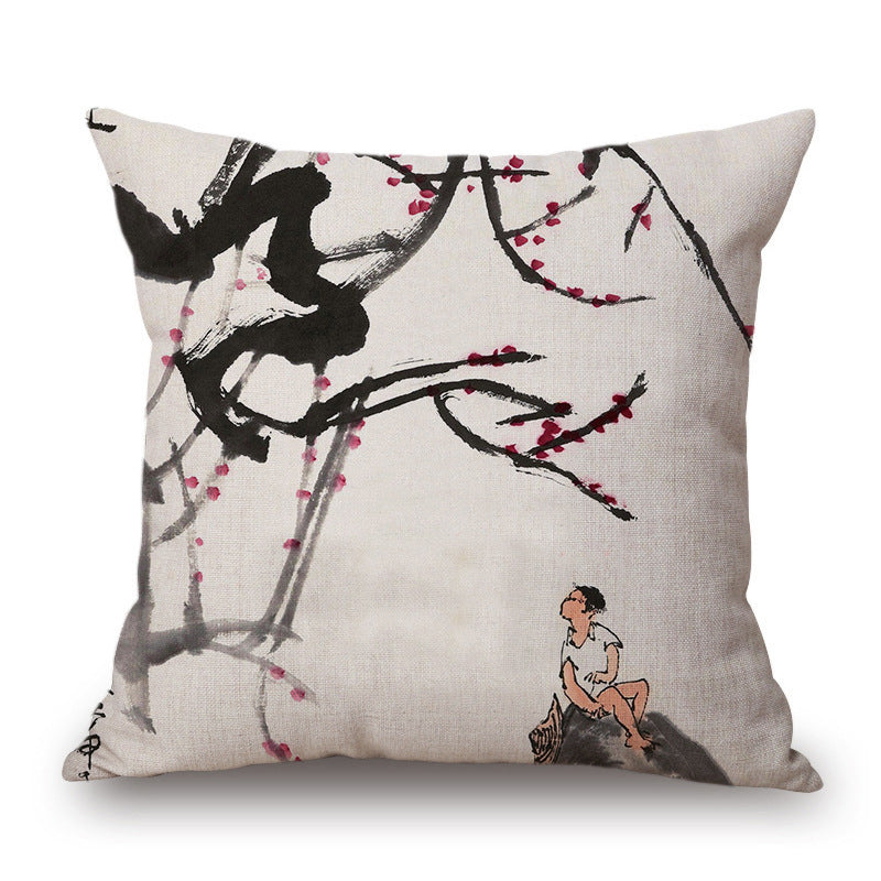 Retro Ink Painting Cushion Cover Home Decor Landscape Pattern Cotton Fabric
