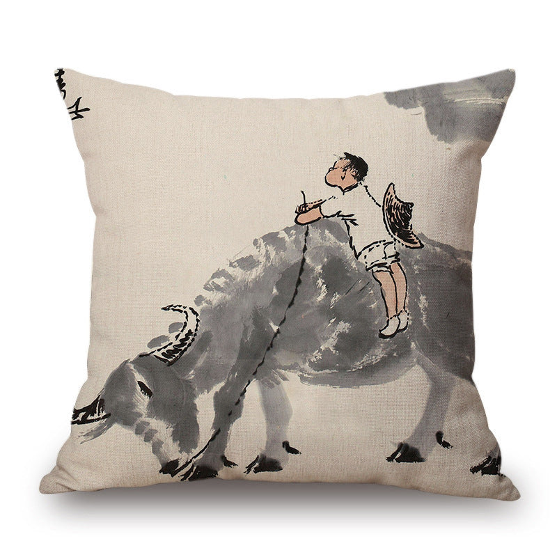 Retro Ink Painting Cushion Cover Home Decor Landscape Pattern Cotton Fabric