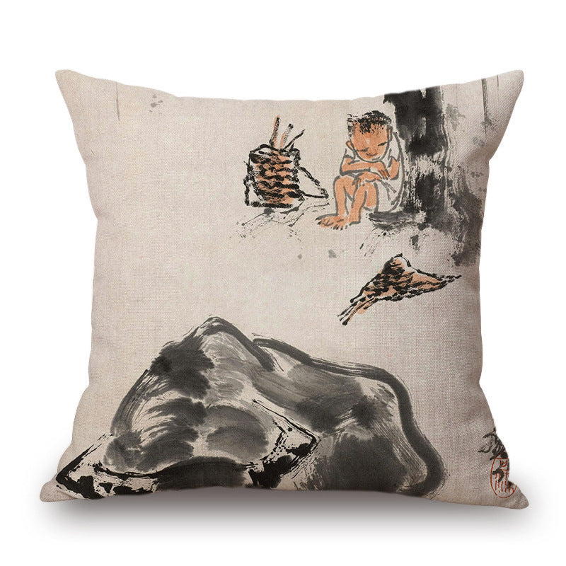 Retro Ink Painting Cushion Cover Home Decor Landscape Pattern Cotton Fabric