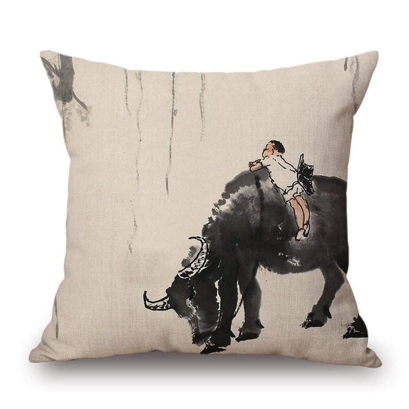 Retro Ink Painting Cushion Cover Home Decor Landscape Pattern Cotton Fabric
