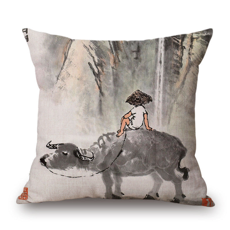 Retro Ink Painting Cushion Cover Home Decor Landscape Pattern Cotton Fabric