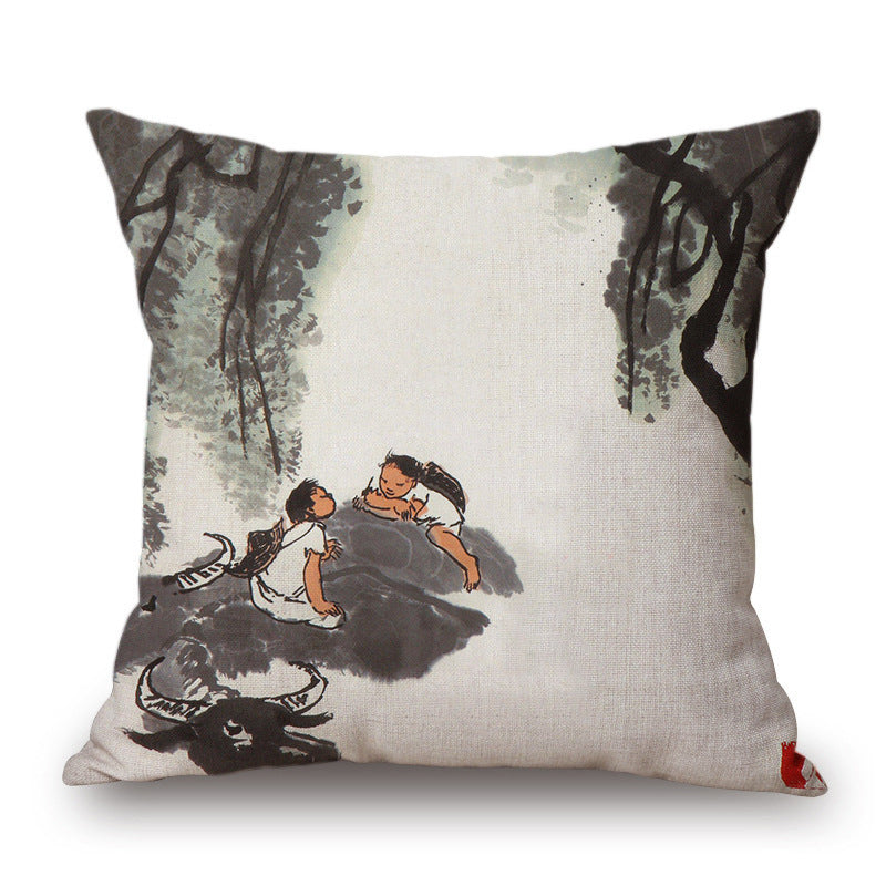 Retro Ink Painting Cushion Cover Home Decor Landscape Pattern Cotton Fabric