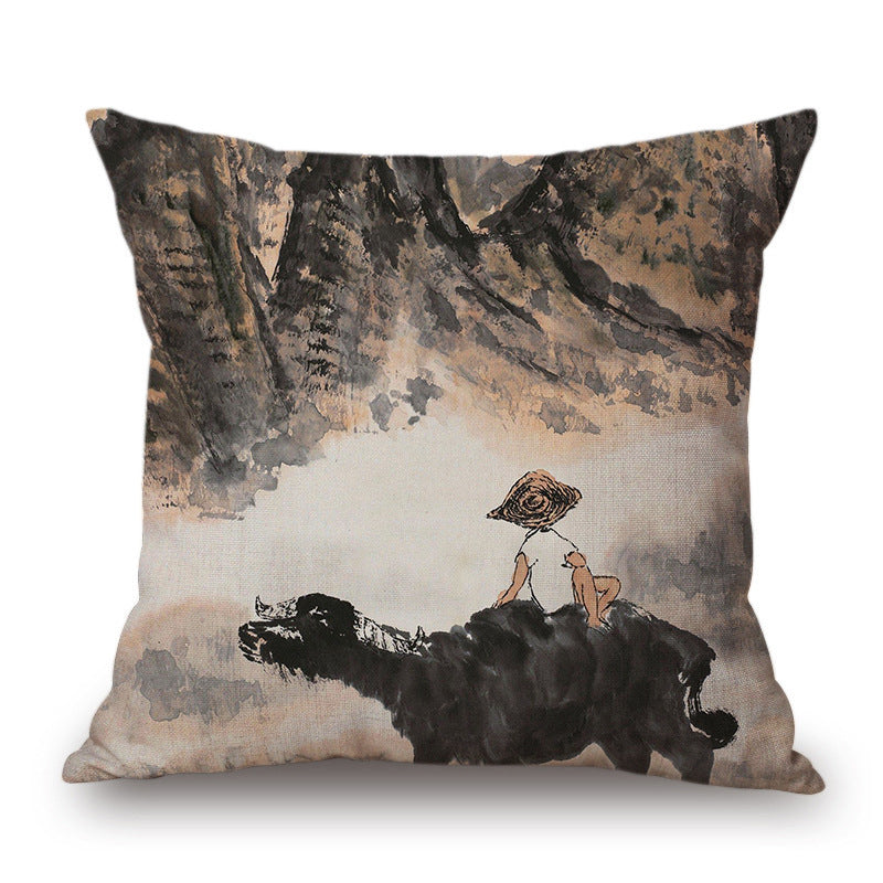 Retro Ink Painting Cushion Cover Home Decor Landscape Pattern Cotton Fabric