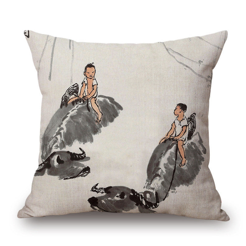 Retro Ink Painting Cushion Cover Home Decor Landscape Pattern Cotton Fabric