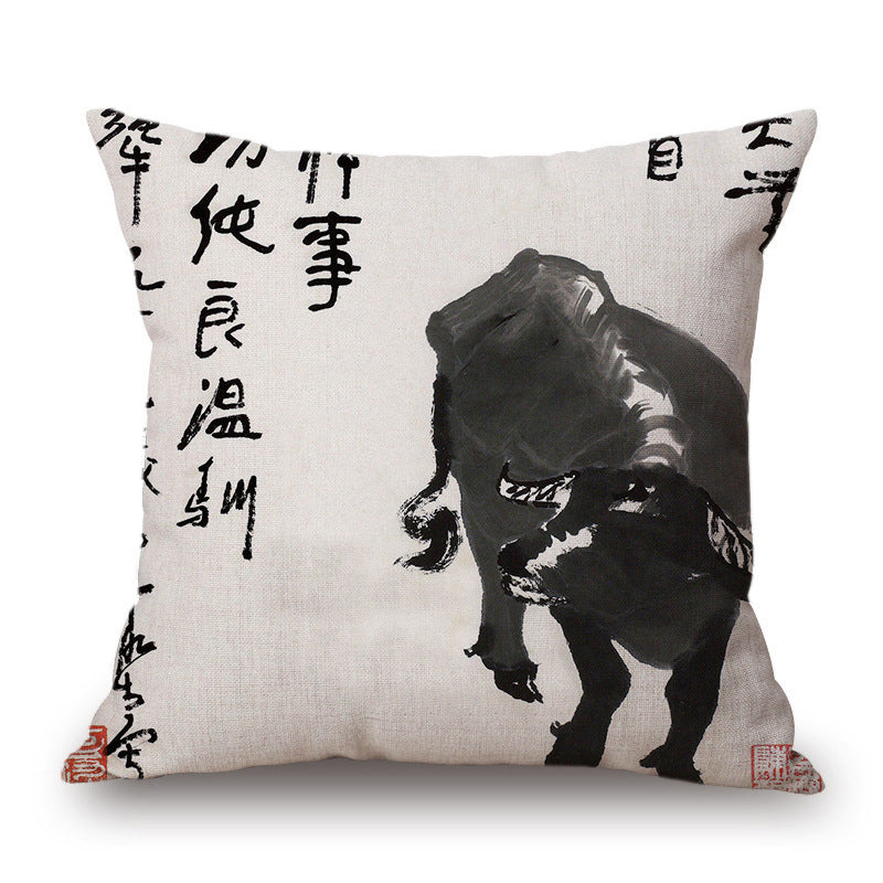 Retro Ink Painting Cushion Cover Home Decor Landscape Pattern Cotton Fabric