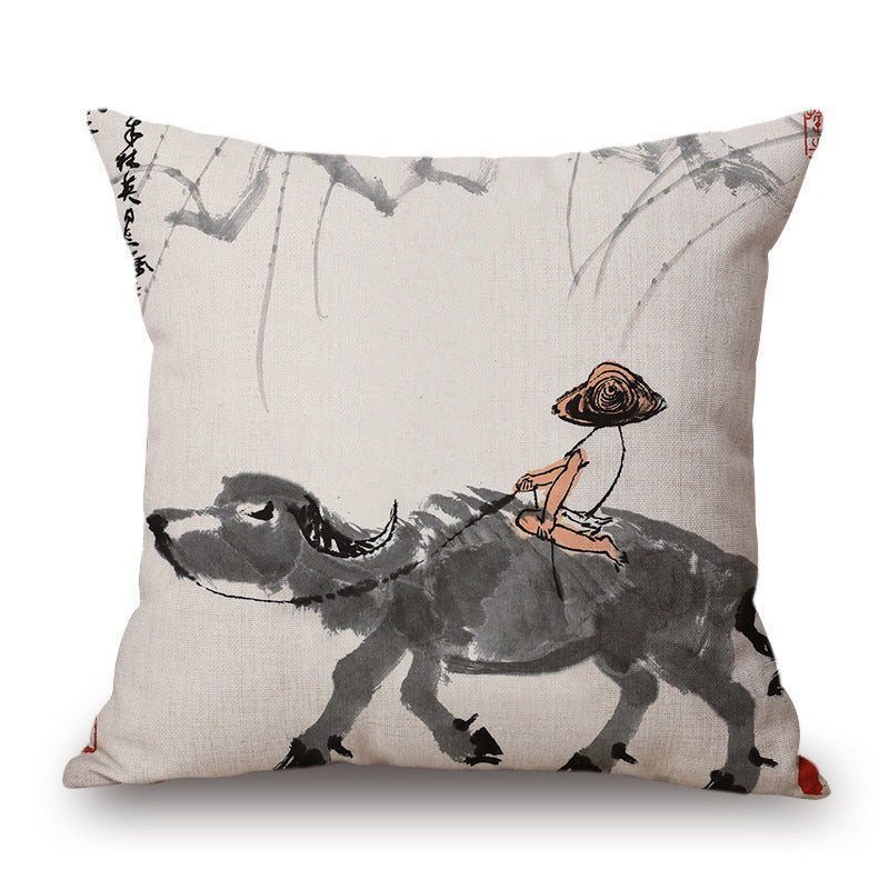 Retro Ink Painting Cushion Cover Home Decor Landscape Pattern Cotton Fabric