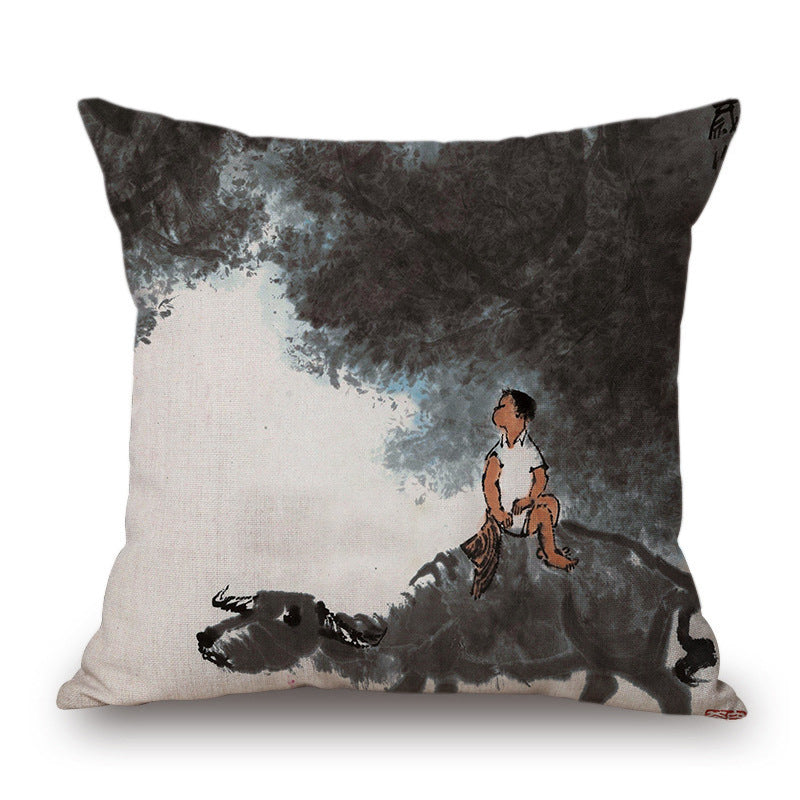 Retro Ink Painting Cushion Cover Home Decor Landscape Pattern Cotton Fabric