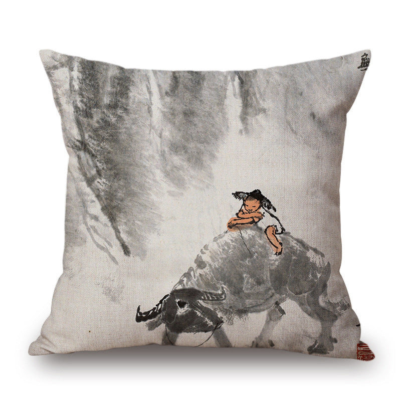 Retro Ink Painting Cushion Cover Home Decor Landscape Pattern Cotton Fabric