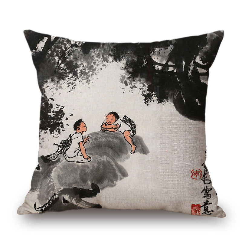 Retro Ink Painting Cushion Cover Home Decor Landscape Pattern Cotton Fabric