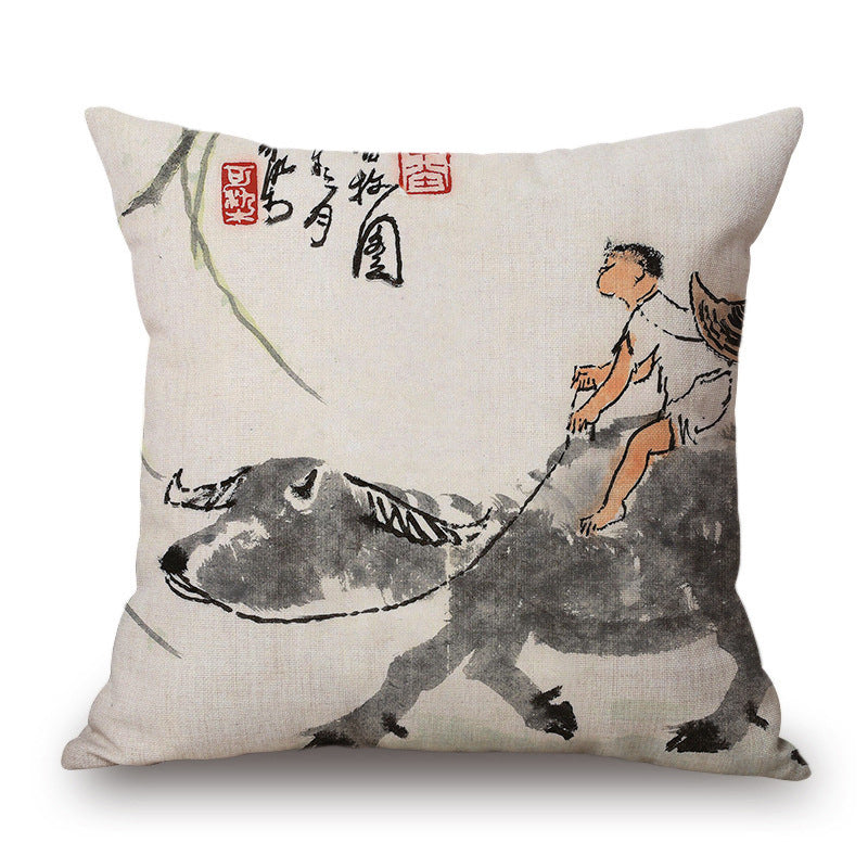 Retro Ink Painting Cushion Cover Home Decor Landscape Pattern Cotton Fabric