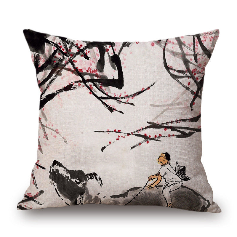 Retro Ink Painting Cushion Cover Home Decor Landscape Pattern Cotton Fabric