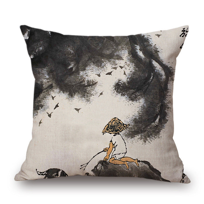 Retro Ink Painting Cushion Cover Home Decor Landscape Pattern Cotton Fabric