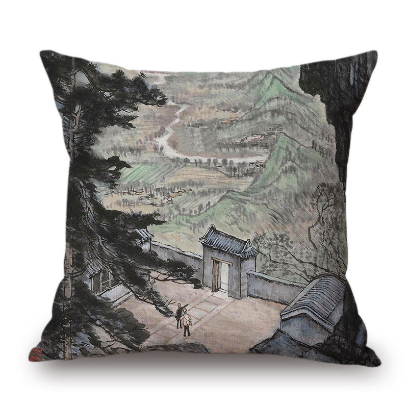 Retro Ink Painting Cushion Cover Home Decor Landscape Pattern Cotton Fabric