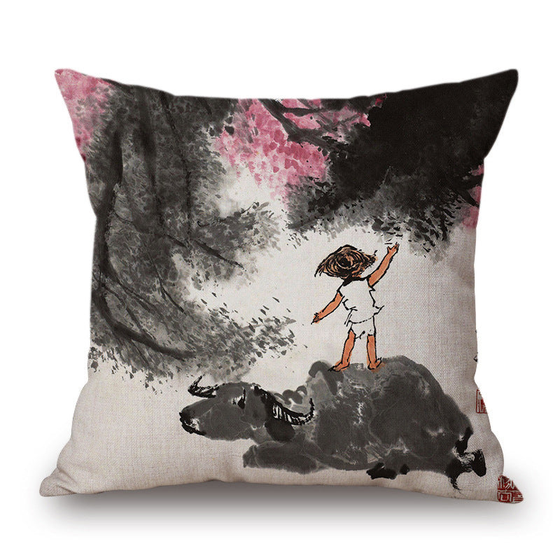 Retro Ink Painting Cushion Cover Home Decor Landscape Pattern Cotton Fabric