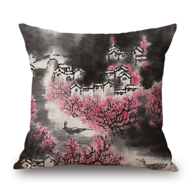 Retro Ink Painting Cushion Cover Home Decor Landscape Pattern Cotton Fabric