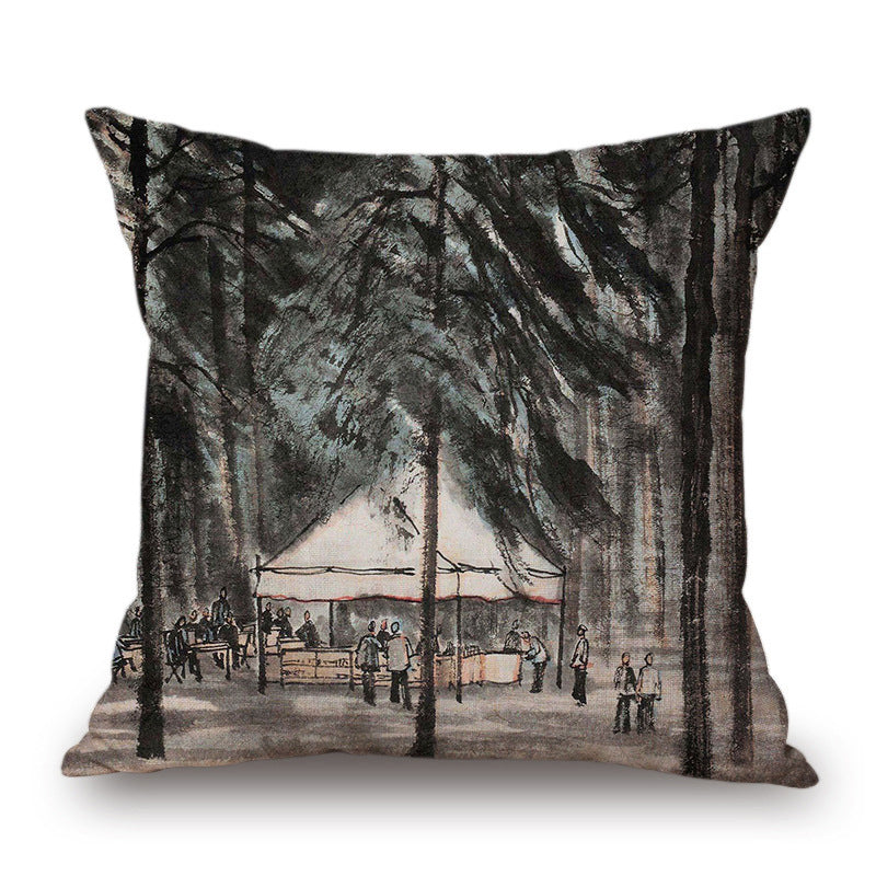 Retro Ink Painting Cushion Cover Home Decor Landscape Pattern Cotton Fabric