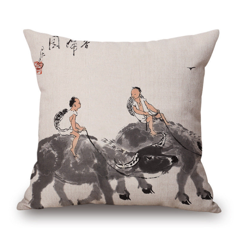 Retro Ink Painting Cushion Cover Home Decor Landscape Pattern Cotton Fabric