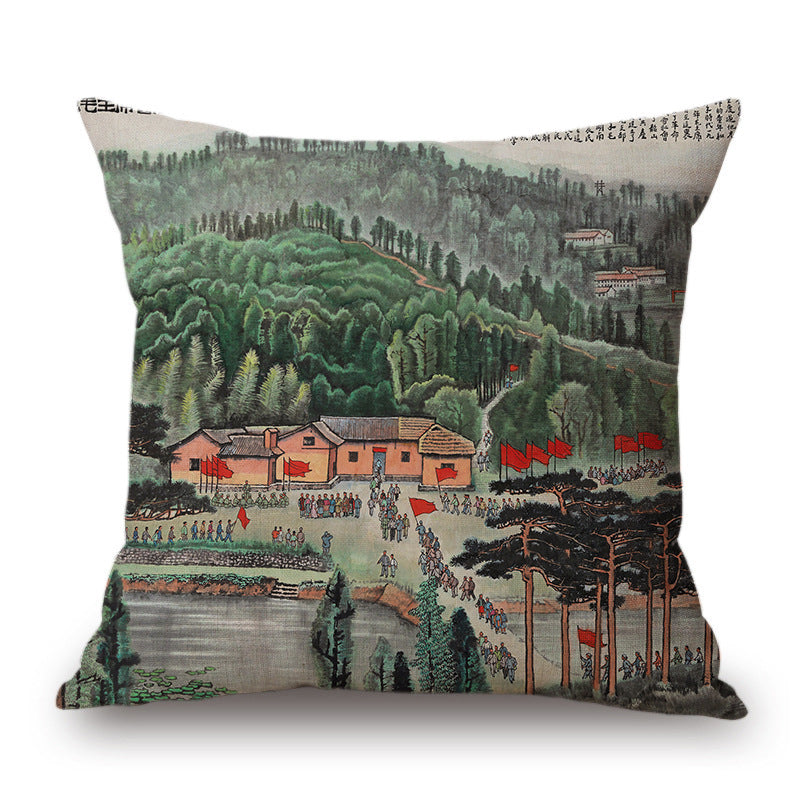 Retro Ink Painting Cushion Cover Home Decor Landscape Pattern Cotton Fabric