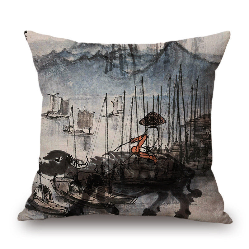 Retro Ink Painting Cushion Cover Home Decor Landscape Pattern Cotton Fabric