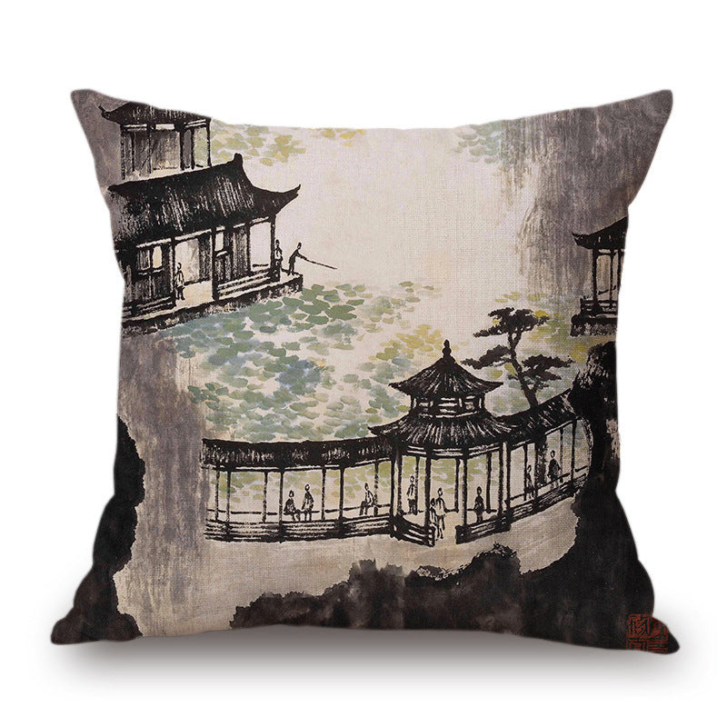 Retro Ink Painting Cushion Cover Home Decor Landscape Pattern Cotton Fabric
