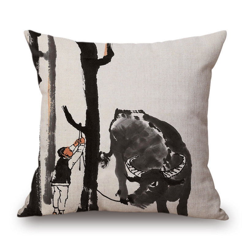 Retro Ink Painting Cushion Cover Home Decor Landscape Pattern Cotton Fabric