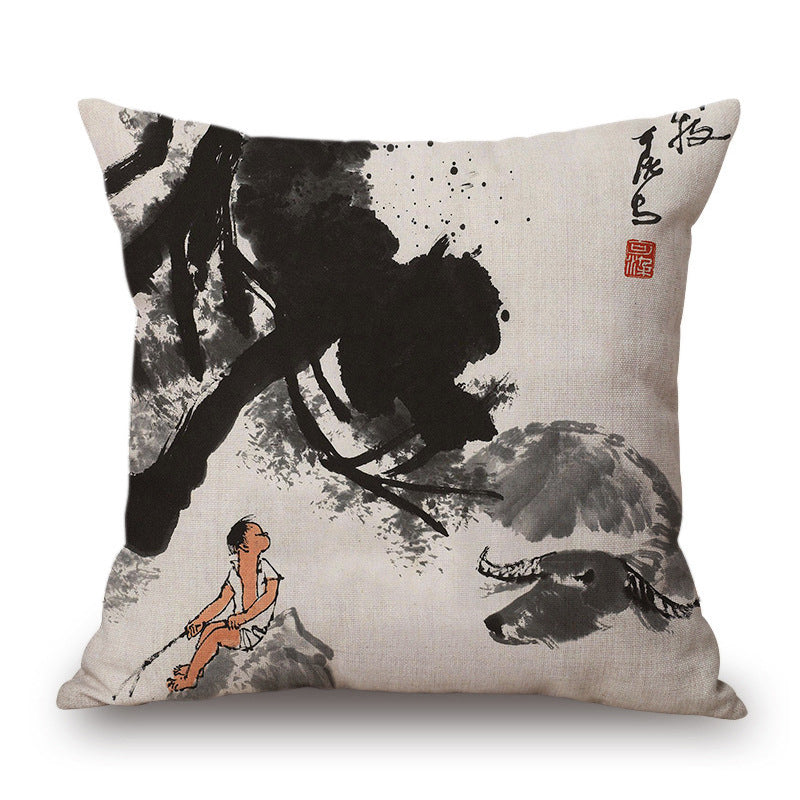 Retro Ink Painting Cushion Cover Home Decor Landscape Pattern Cotton Fabric