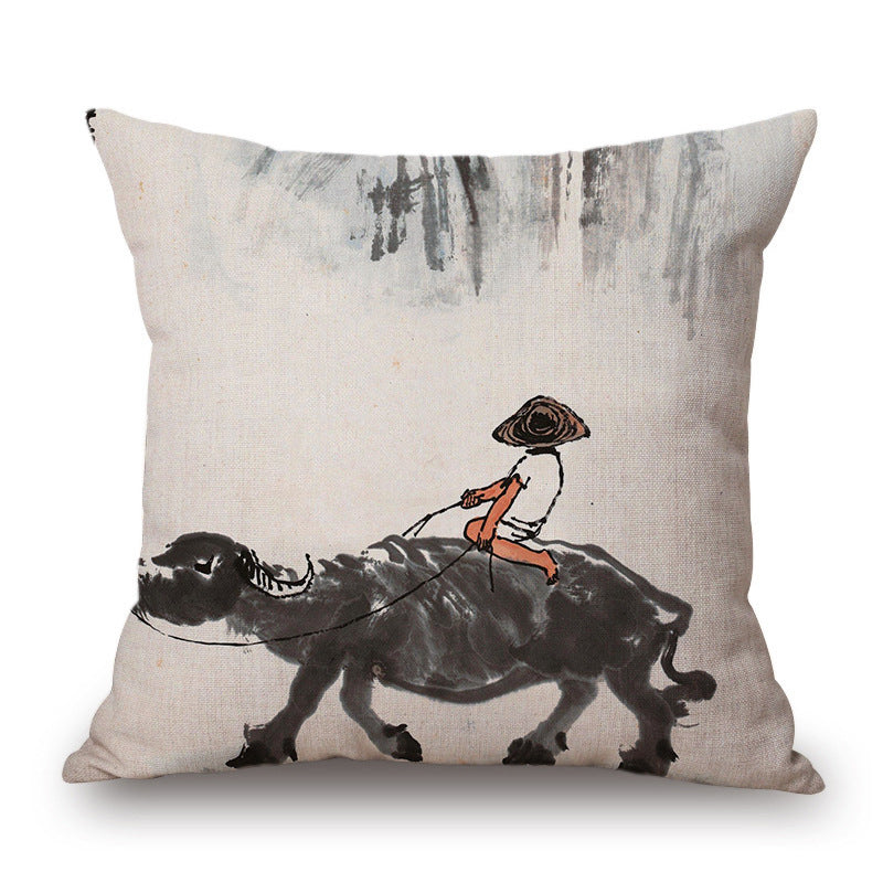 Retro Ink Painting Cushion Cover Home Decor Landscape Pattern Cotton Fabric