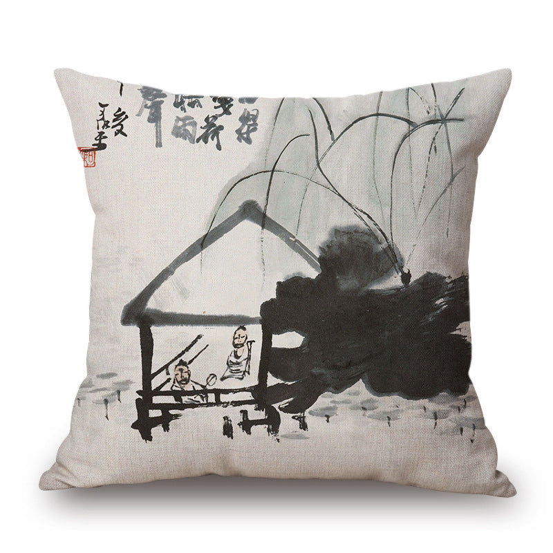 Retro Ink Painting Cushion Cover Home Decor Landscape Pattern Cotton Fabric