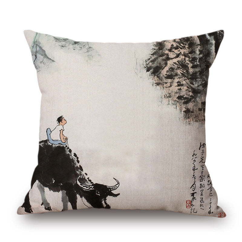 Retro Ink Painting Cushion Cover Home Decor Landscape Pattern Cotton Fabric