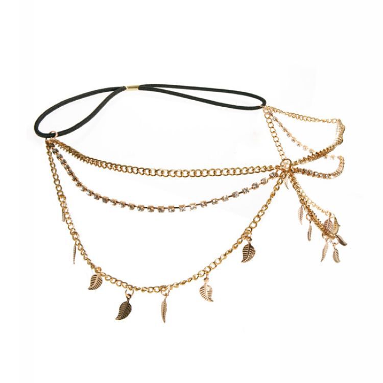 Diamond-Studded Chain Leaf Tassel Headband - Golden