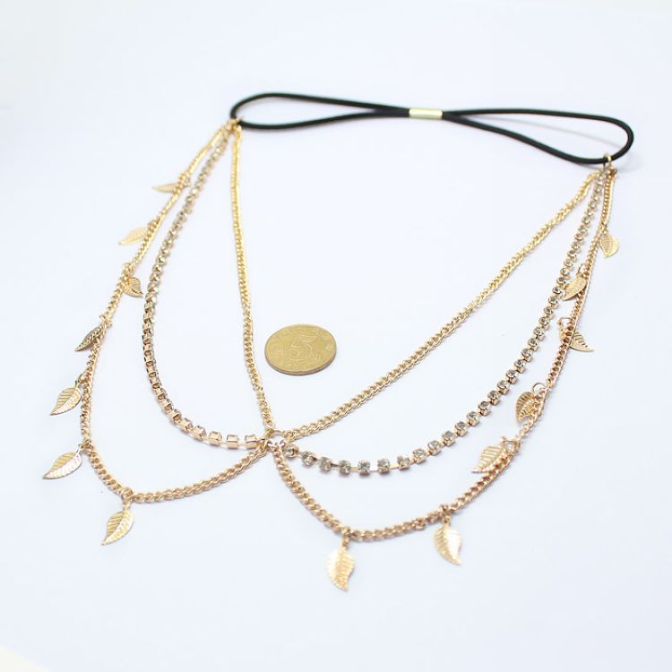 Diamond-Studded Chain Leaf Tassel Headband - Golden