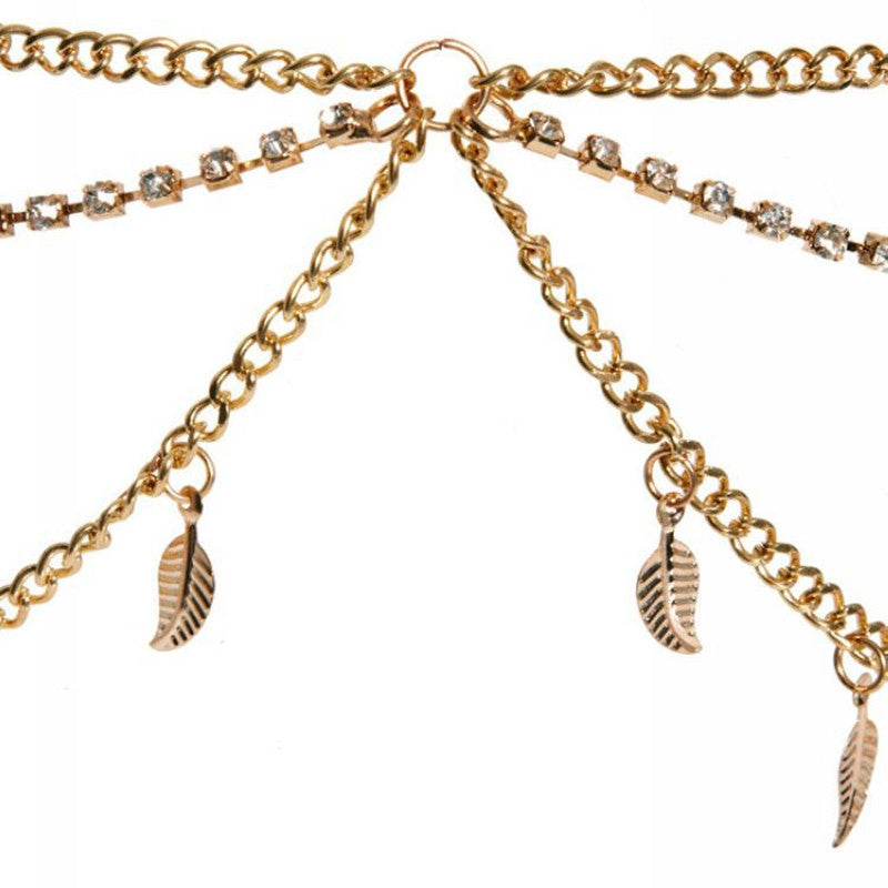 Diamond-Studded Chain Leaf Tassel Headband - Golden