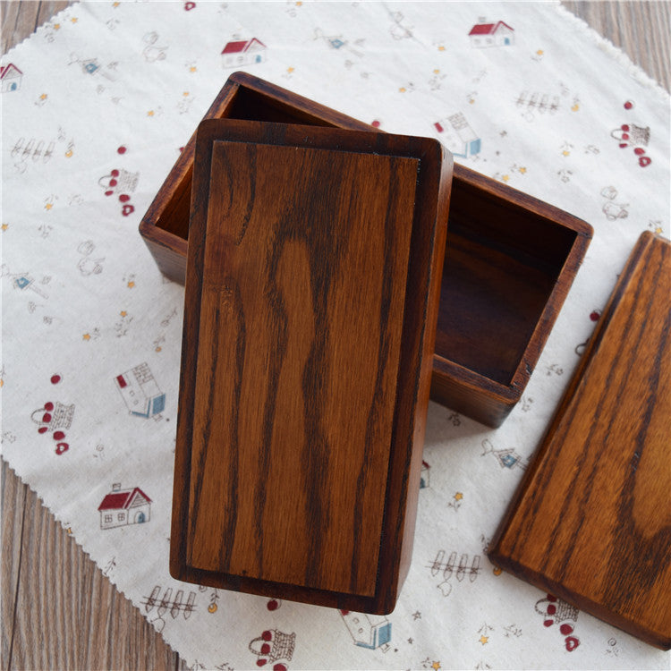 Wooden Square Two-Layer Bento Lunch Box - Solid Wood Sushi Box