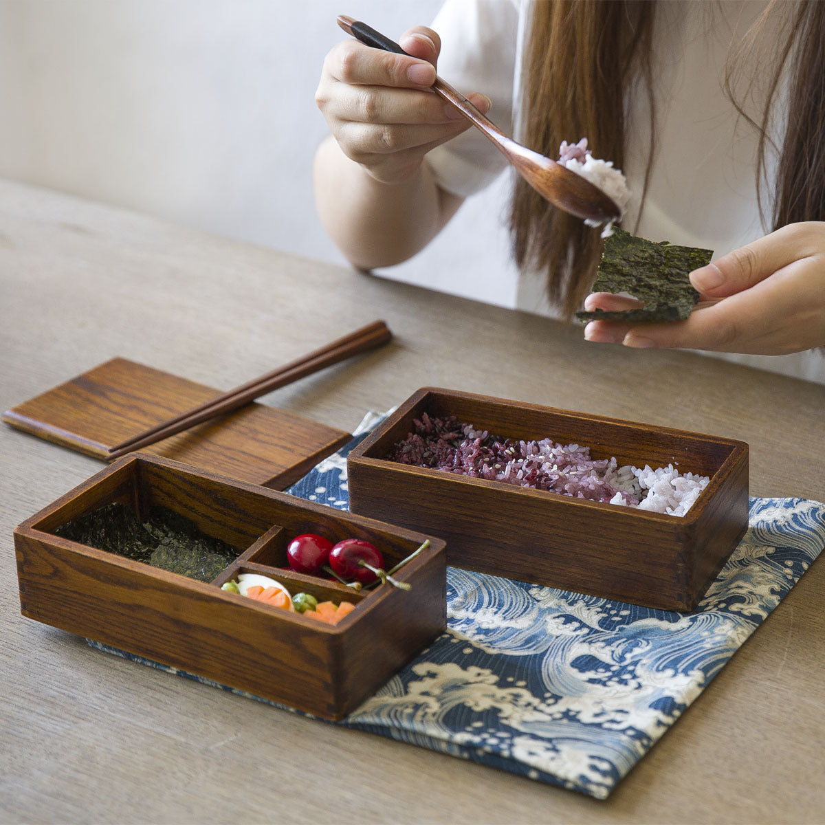 Wooden Square Two-Layer Bento Lunch Box - Solid Wood Sushi Box