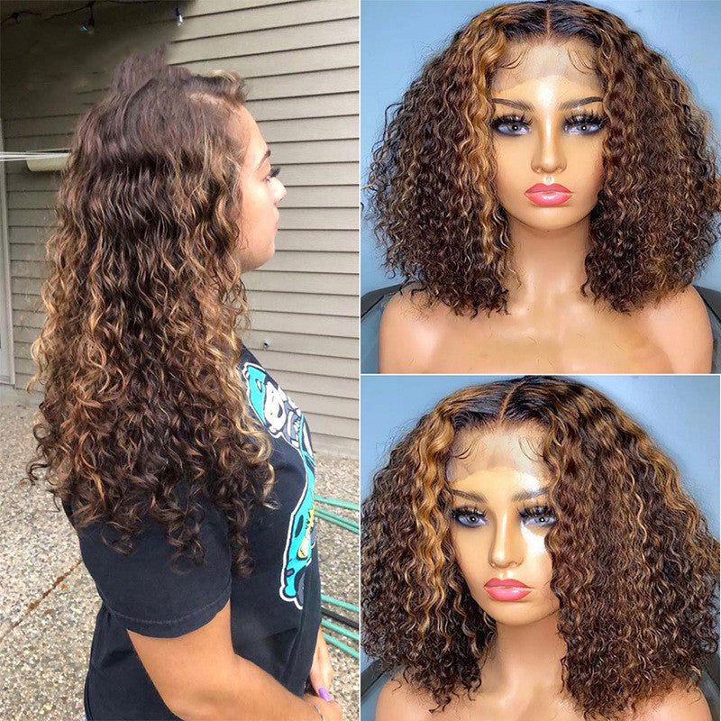 Deep Wave Lace Wig with Inter-Color Lace Headgear - Natural Curly Style, 10-16 Inches