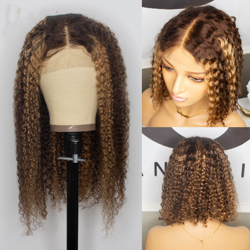 Deep Wave Lace Wig with Inter-Color Lace Headgear - Natural Curly Style, 10-16 Inches
