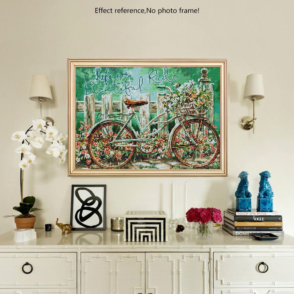 Spring Landscape Diamond Painting - Bicycle Embroidery, Circular Mosaic Art