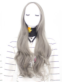 Long Curly Synthetic Wig with Centered Bangs - Chemical Fiber Hair for Ladies