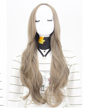 Long Curly Synthetic Wig with Centered Bangs - Chemical Fiber Hair for Ladies