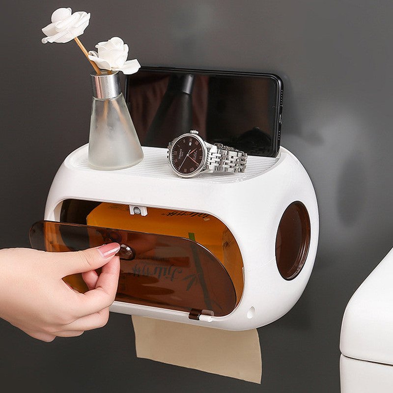 Waterproof Tissue Box Wall Mount with Suction, Modern Bathroom Storage