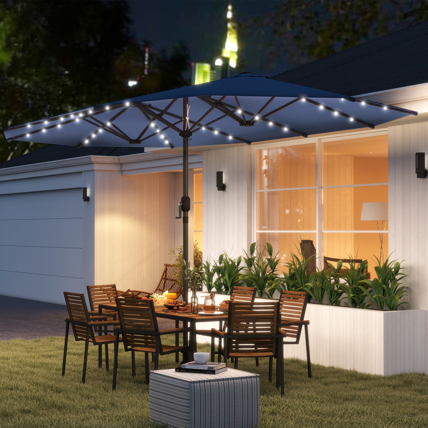 Double-Sided Garden Parasol with LED Solar Lights - Blue