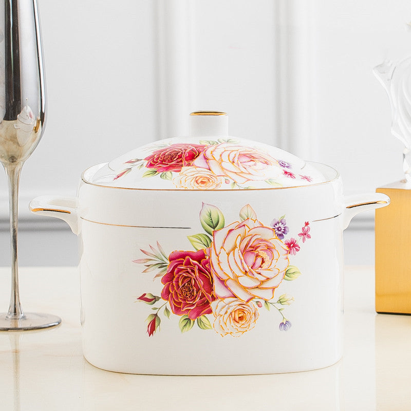 European Style Ceramic Casserole Dish with Cover - 3L Soup Pot for Kitchen