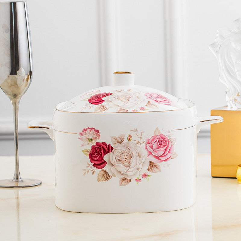 European Style Ceramic Casserole Dish with Cover - 3L Soup Pot for Kitchen