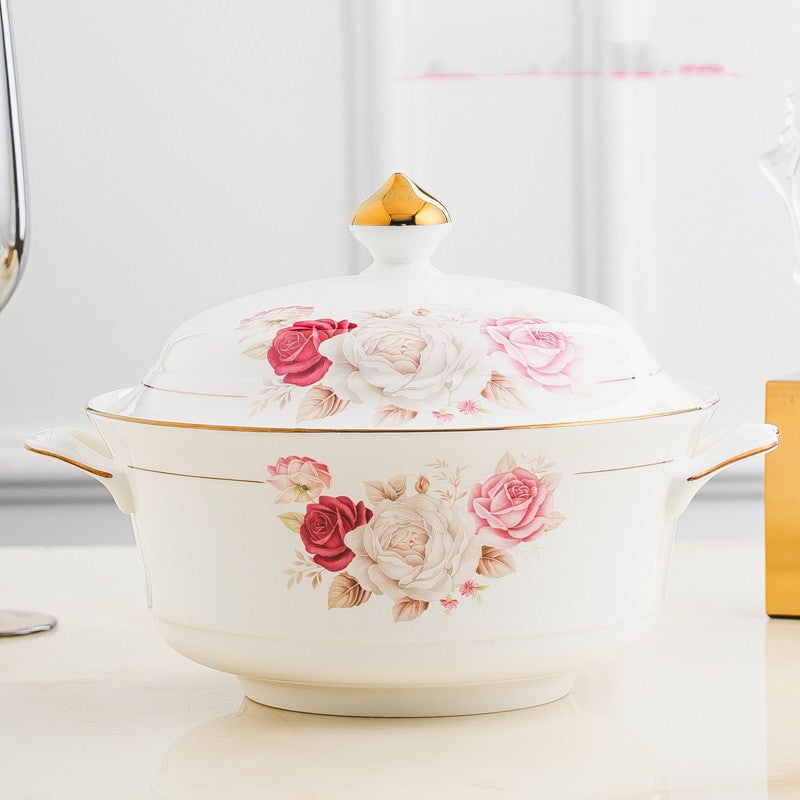 European Style Ceramic Casserole Dish with Cover - 3L Soup Pot for Kitchen