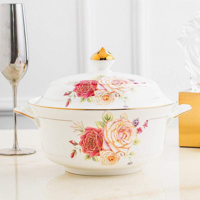 European Style Ceramic Casserole Dish with Cover - 3L Soup Pot for Kitchen
