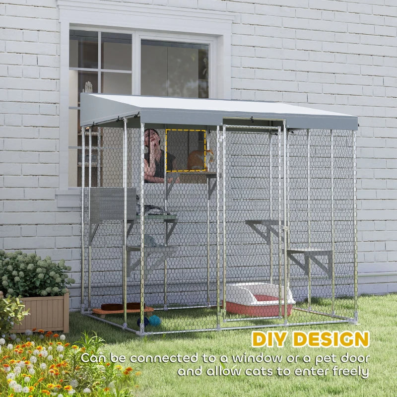 Large Galvanized Steel Catio with Waterproof Canopy & Platforms, Silver